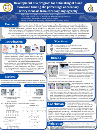 Poster Development of a program for simulating of blood flows and finding the percentage of coronary artery stenosis from Coronary Angiography