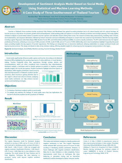 Poster Development of Sentiment Analysis Model Based on Social Media Using Statistical and Machine Learning Methods: A Case Study of Three Southernmost of Thailand Tourism